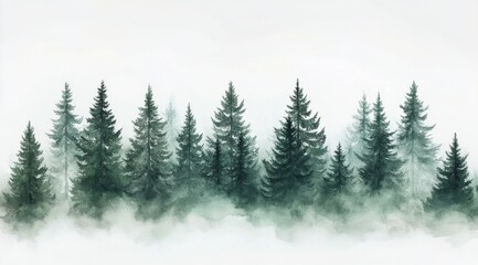 A misty forest landscape showcasing tall evergreen trees surrounded by fog at dawn