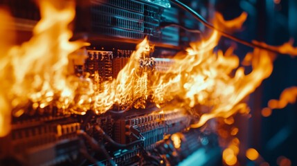 Fire erupting from a server rack in a large data center with glowing lights in the background