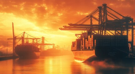 Obraz premium A large ship is docked at the port, loading cargo containers onto it with cranes