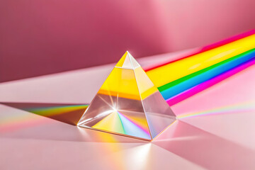 Prism of Light: A crystal prism casts a vibrant rainbow on a soft pink surface, creating a visually captivating and abstract image.  