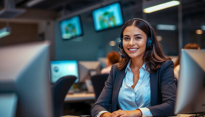 A confident woman in a business casual outfit, sitting at a call center desk, and smiling while assisting a customer