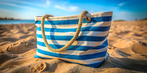 Obraz premium Blue Striped Beach Bag: A blue and white striped tote bag rests on the golden sand of a beach, bathed in the warm glow of a summer sunset.