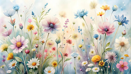 Obraz premium A Watercolor Wildflower Meadow: A vibrant and delicate watercolor painting captures the beauty of a wildflower meadow, with a breathtaking array of colors and textures. The gentle.