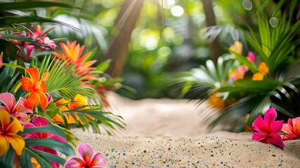 Vibrant tropical flowers and lush greenery frame sandy beach scene, creating ideal backdrop for summer vacation themes, tropical party invitations, or beach design inspirations.