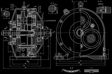 Engineering mechanical pencil drawing of steel devices (reducer, gearbox, engine)
with dimension lines. Industrial 
cad scheme on  paper sheet. Technology background.
Machine template.