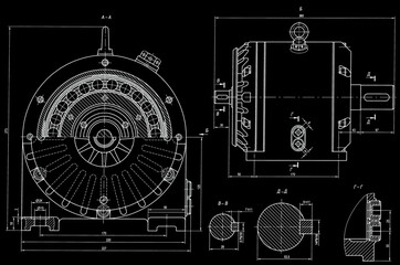 Engineering mechanical pencil drawing of steel devices (reducer, gearbox, engine)
with dimension lines. Industrial 
cad scheme on  paper sheet. Technology background.
Machine template.