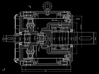 Engineering mechanical pencil drawing of steel devices (reducer, gearbox, engine)
with dimension lines. Industrial 
cad scheme on  paper sheet. Technology background.
Machine template.