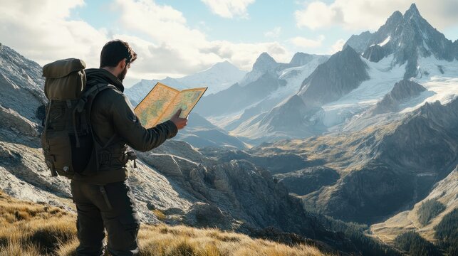 A man with a backpack is seen standing in the mountains, carefully studying a map in his hands to navigate the rugged terrain and find his way through the challenging landscape