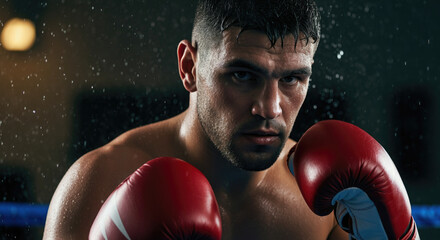 Portrait of a male boxer covered in sweat looking at the camera.