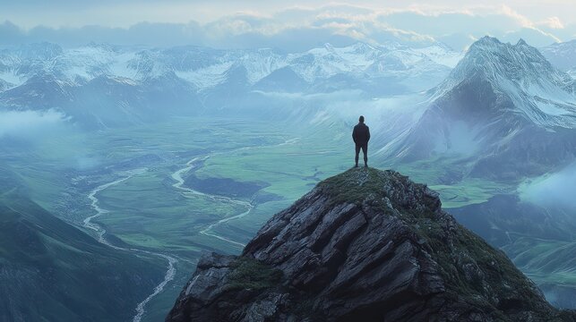 A person stands on a mountaintop looking out at the view, mental health images, photorealistic illustration