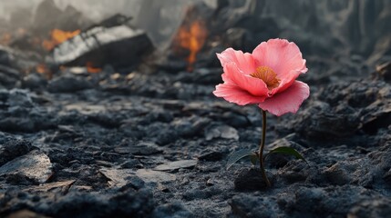 Fototapeta premium A resilient pink flower blooming in the midst of destruction created with Generative AI technology