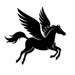 a black and white silhouette of a pegasus, a mythical creature with wings. The horse is in a galloping position, with its body stretched