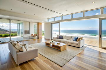 Coastal Living Room: Modern coastal living room with expansive windows overlooking the ocean, featuring a white sofa, wood floor, and a large rug. The design is minimalist and elegant.