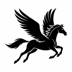 a black and white silhouette of a pegasus, a mythical creature with wings. The horse is in a galloping position, with its body stretched