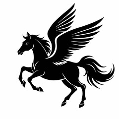 a black and white silhouette of a pegasus, a mythical creature with wings. The horse is in a galloping position, with its body stretched