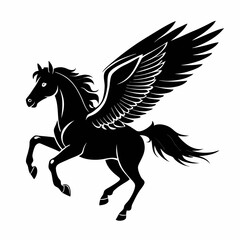 a black and white silhouette of a pegasus, a mythical creature with wings. The horse is in a galloping position, with its body stretched