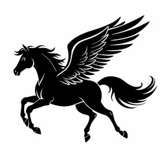 a black and white silhouette of a pegasus, a mythical creature with wings. The horse is in a galloping position, with its body stretched