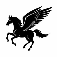 a black and white silhouette of a pegasus, a mythical creature with wings. The horse is in a galloping position, with its body stretched
