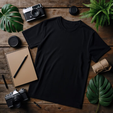 Minimalist Black T-Shirt Mockup on Rustic Wooden Surface