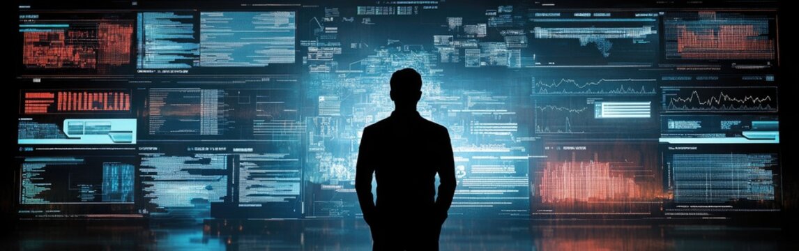 A silhouette observes a large display of evolving data on cyber threats and vulnerabilities