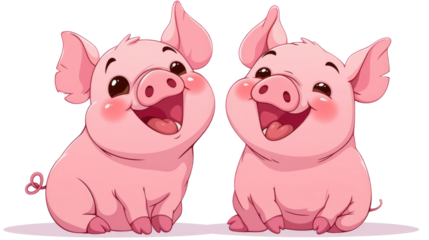 Adorable illustration of two happy baby pigs with blushing cheeks, sitting together and smiling. Perfect for children's content and animal themes.