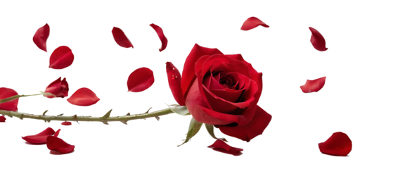 Elegant red rose with scattered petals in motion on white background.AI GENERATED