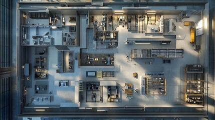 Complex floor plan for a futuristic research facility, featuring specialized labs, high-tech equipment, and collaborative research spaces