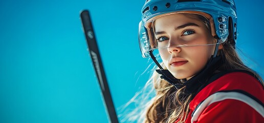 Young woman hockey player wearing helmet looking at camera.