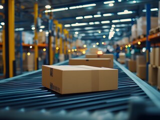 Quality control stamp on a package in a busy distribution center, certification, final inspection