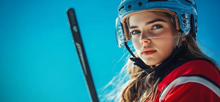 Young woman hockey player wearing helmet looking at camera.