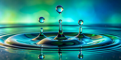 Water Droplet Symphony: A mesmerizing dance of water droplets creating a symphony of ripples and reflections, captured in a vibrant blue and green palette.  The beauty of nature's simplicity.