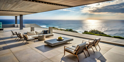 Fototapeta premium Oceanfront Luxury: Tranquil Sunset Vista from Modern Terrace 