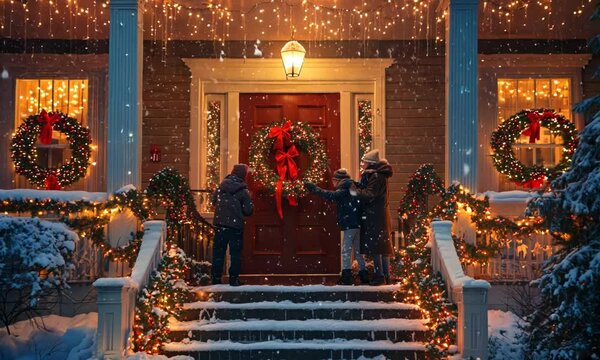 Family decorating the front porch for Christmas, hanging wreaths and lights with smiles and laughter. . Video