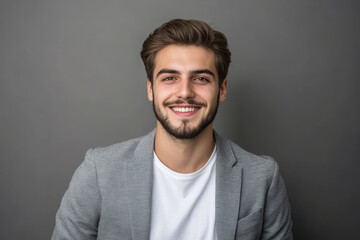 Obraz premium A young man smiles brightly while wearing a grey blazer over a white shirt, exuding confidence and charm in a simple setting