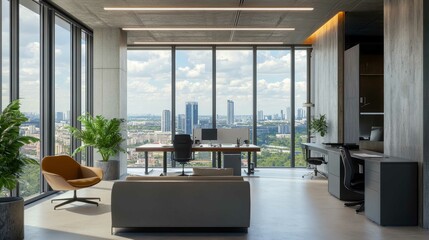 Fototapeta premium A sleek, modern office with concrete walls and minimalist furniture. Large windows offer a bright daylight view of the city.