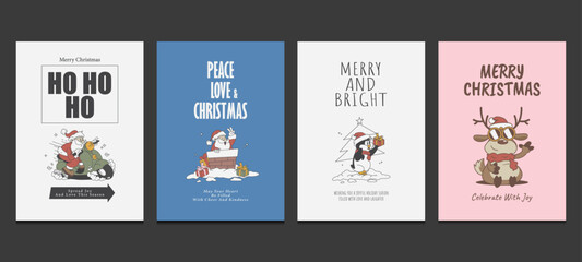 Naklejka premium Merry Christmas greeting cards, groovy poster with retro cartoon characters style, vector illustration