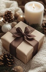  Christmas gift with brown ribbon beside candle and pinecones