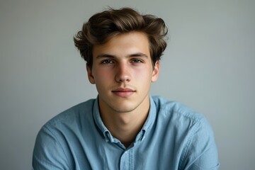 Fototapeta premium A young man gazes thoughtfully at the camera, showcasing natural light and minimalistic style with a blue button-down shirt and tousled hair