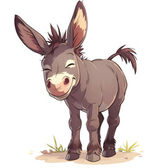 Cute cartoon donkey standing on grass, smiling with large ears and a happy expression. Fun animal...