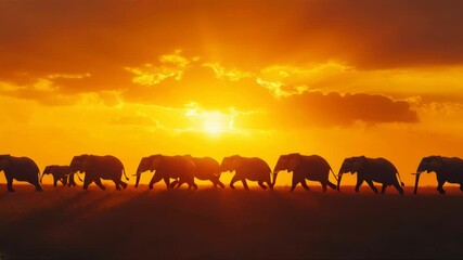 A group of elephants walks across the African savanna at sunset, their silhouettes creating a majestic and powerful scene against the vibrant orange sky.. AI Generation