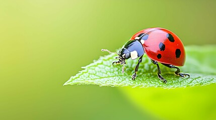 Fototapeta premium Ladybug on Green Leaf Macro Photography Garden Insect