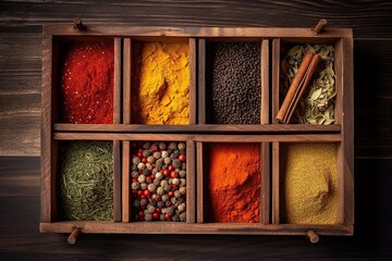 Indian spices on the wooden boxes, Arabic spices