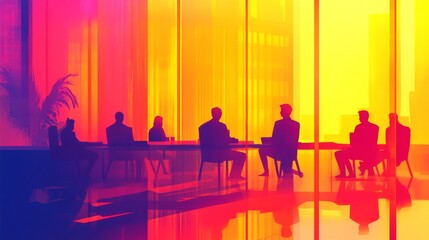 Vibrant Business Meeting Silhouette in Modern Office