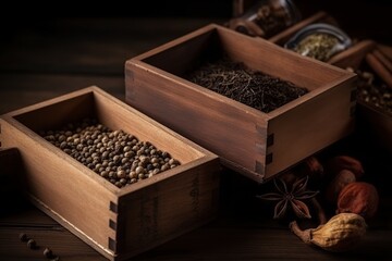 Indian spices on the wooden boxes, Arabic spices