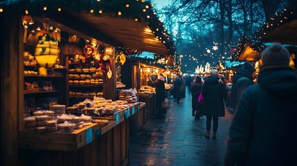 Naklejka premium A bustling Christmas market with twinkling lights and shoppers browsing through stalls.