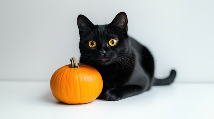 Black cat with pumpkin on a white background