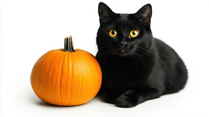 Black cat with pumpkin on a white background