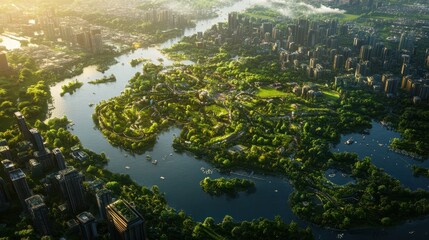 city planning with ESG values, blending green spaces with urban life