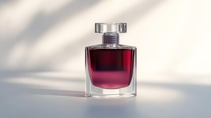 Elegant perfume bottle with red liquid, casting a soft shadow. Perfect for beauty, fashion, and luxury product photography.