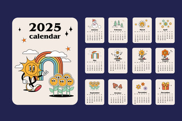 Cartoon cool calendar in 70s style for each month. Cute retro characters flowers, sun, stars. Hippie style, retro cartoon wind-up calendar 2025 in vintage retro style